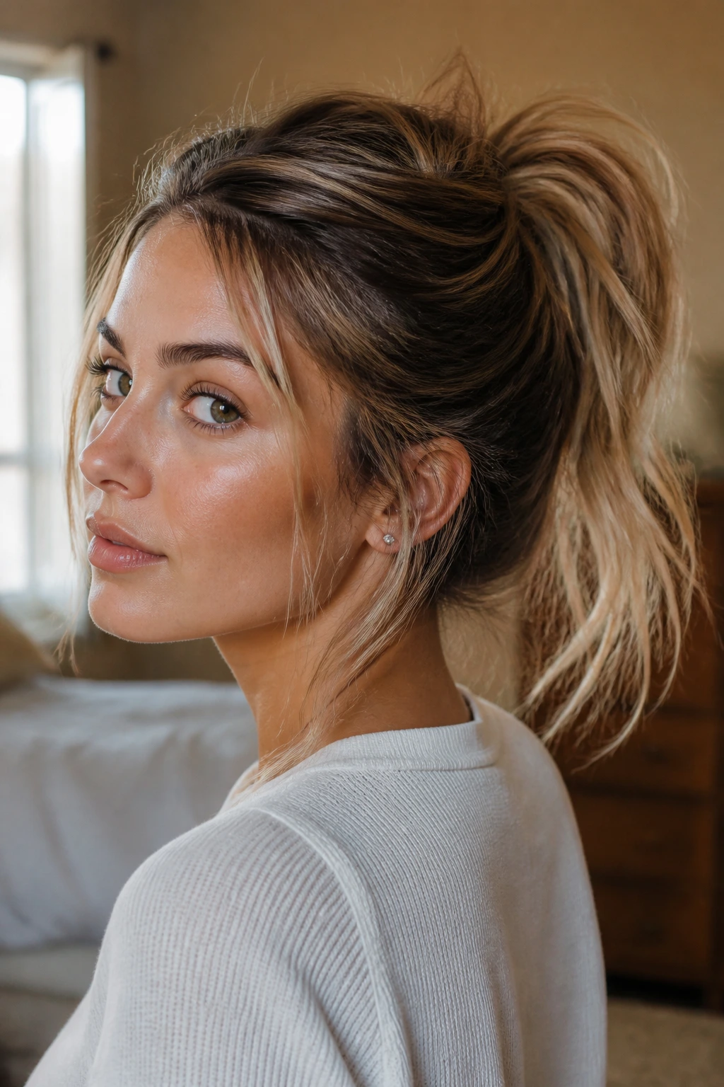 Close-up of a real woman with a messy ponytail, lift and flyaways in warm window light
