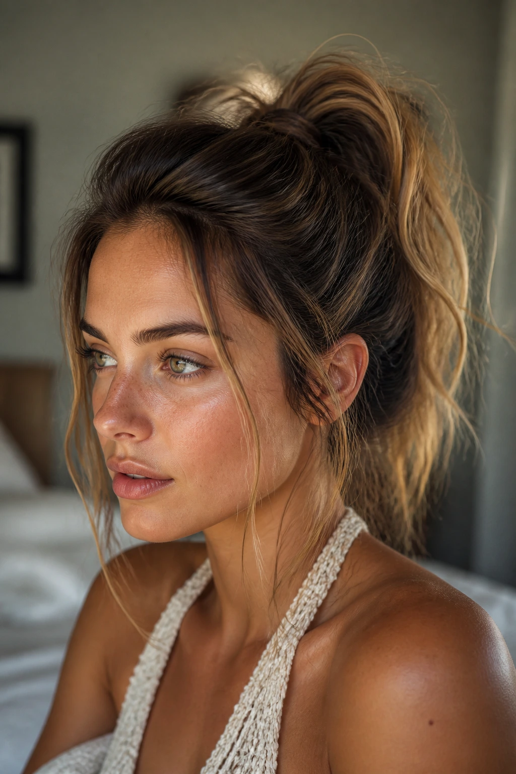 Close-up of a real woman with a textured messy ponytail and crown lift