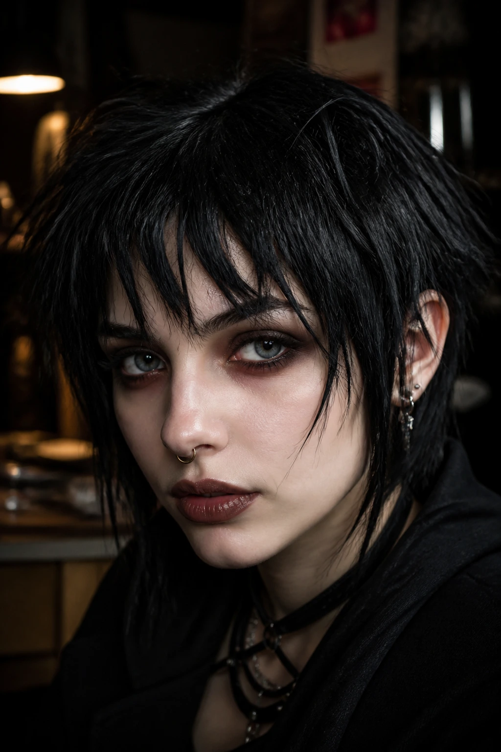 Close-up of a real person with messy prophecy fringe in a dim interior