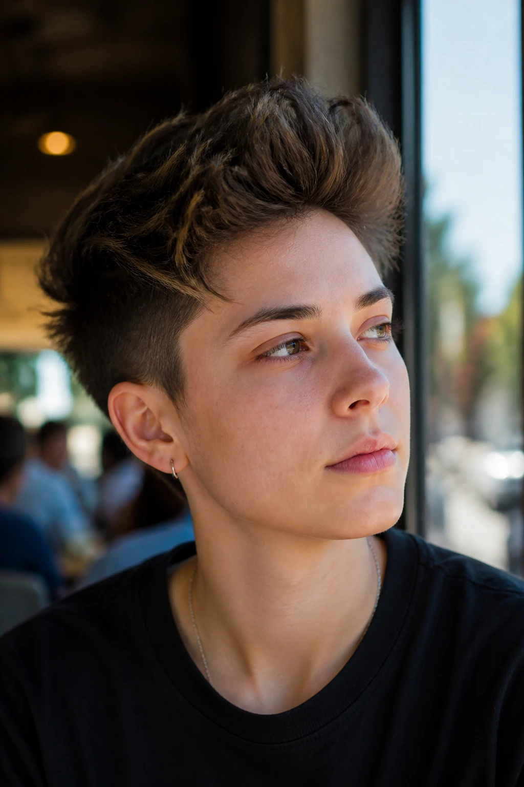 Close-up portrait of a real person with messy quiff crop in sunlit setting.