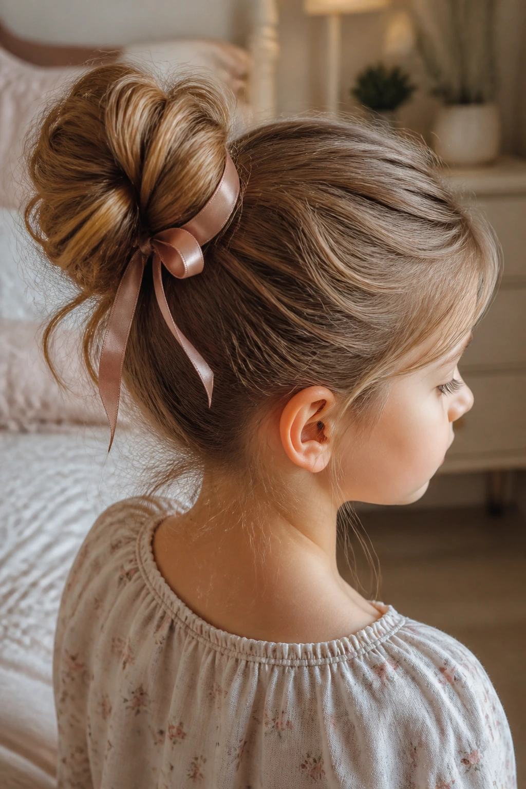 Close-up of a child with a messy ribbon bun and satin ribbon
