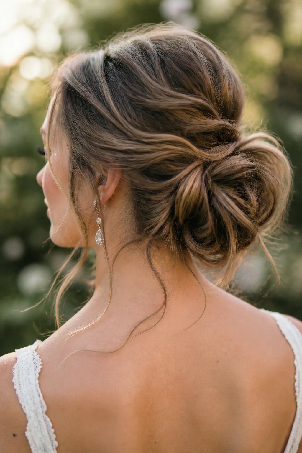 Close-up of a real bride's messy romantic bun with gentle volume