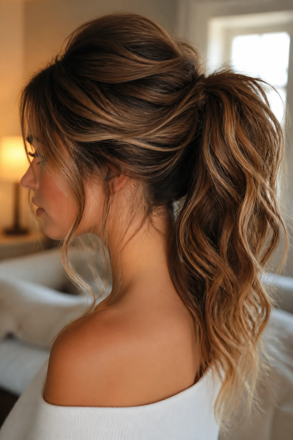 Real woman with a messy romantic ponytail in a cozy bedroom setting.