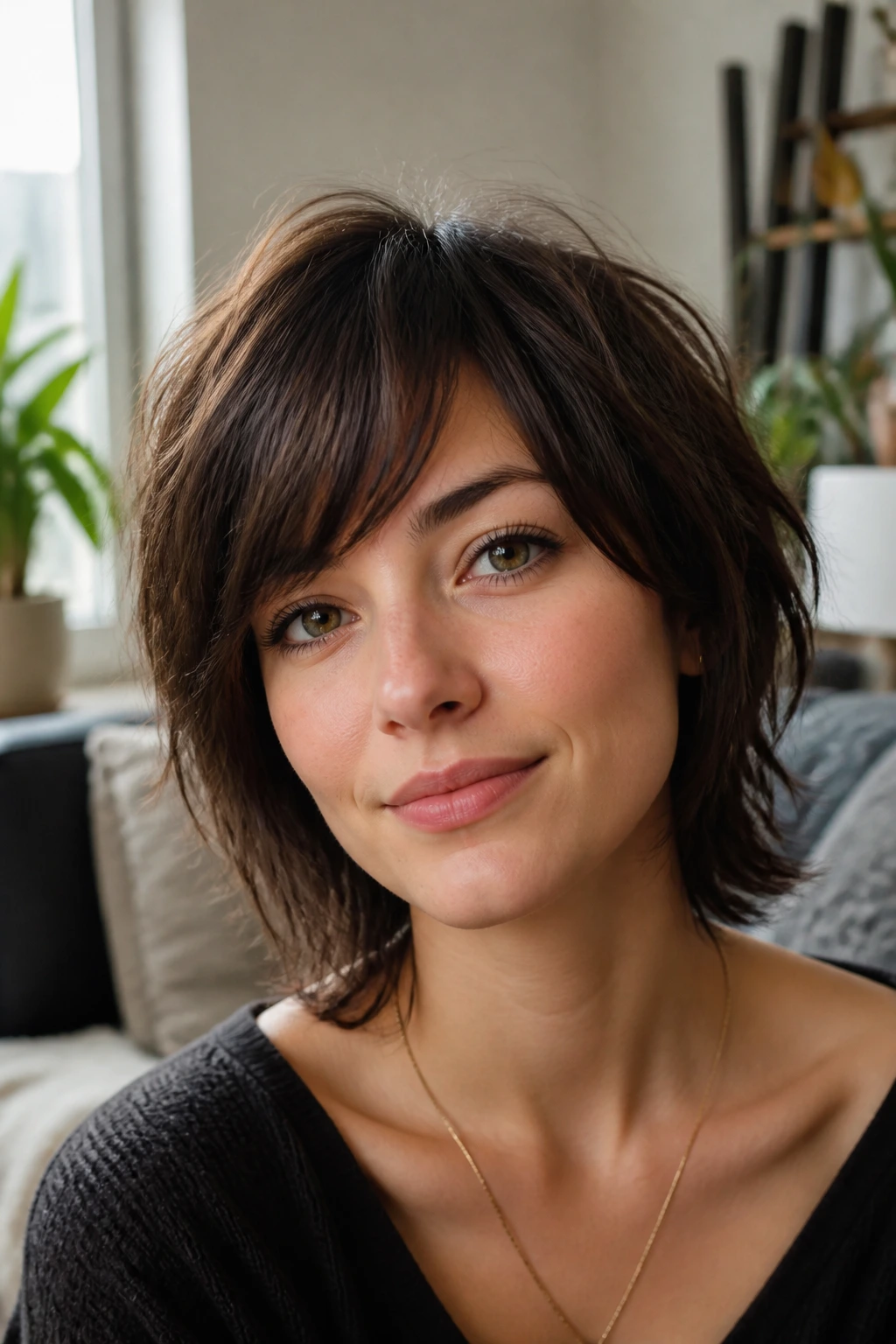Close-up portrait of a woman with a messy mini shag and side bangs in natural window light