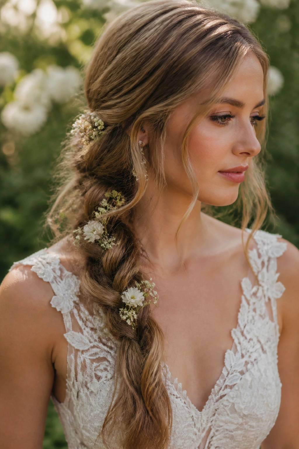 Close-up of a messy side braid with small flowers on a real bride