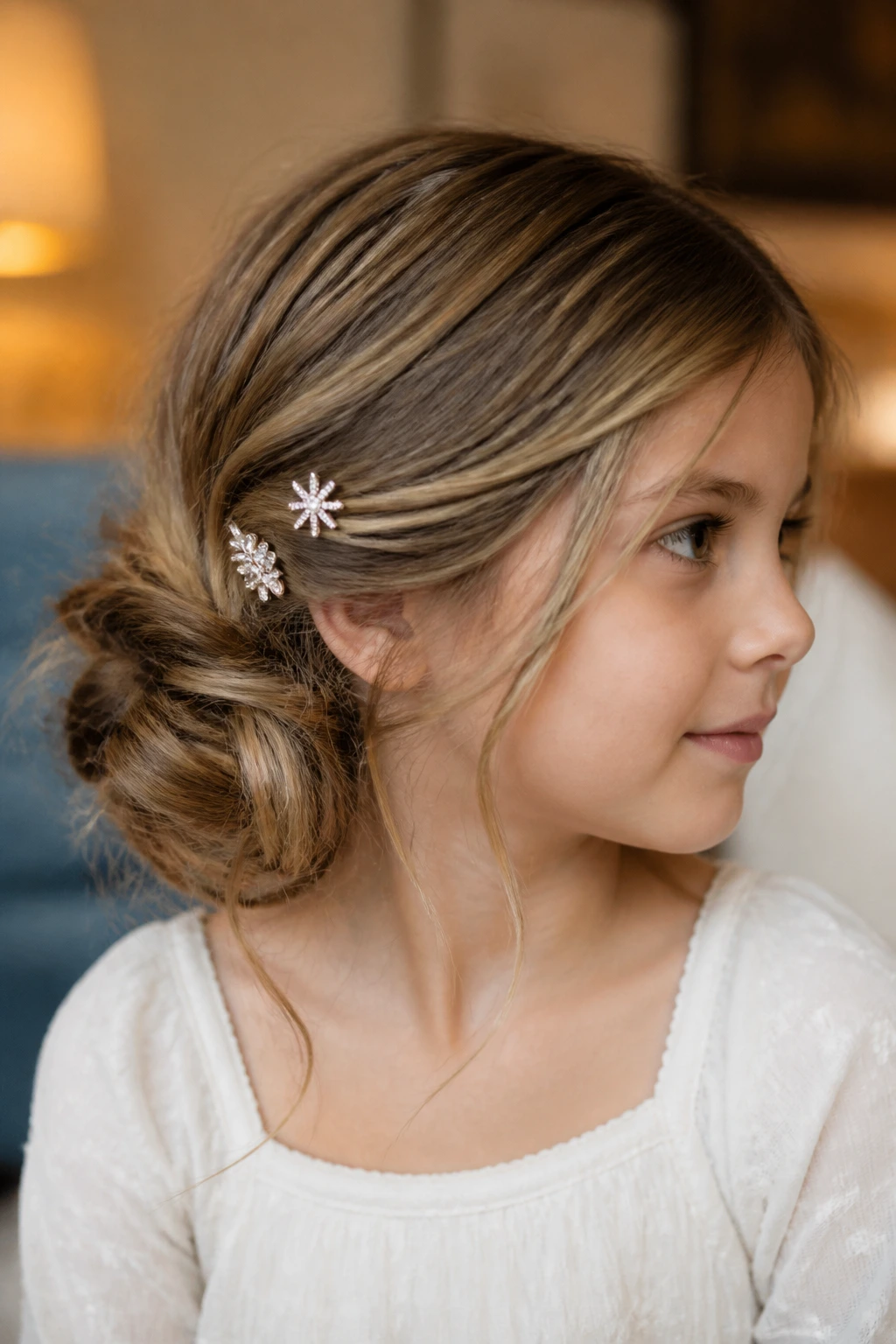 Girl with a messy side bun and decorative clips in warm indoor light.