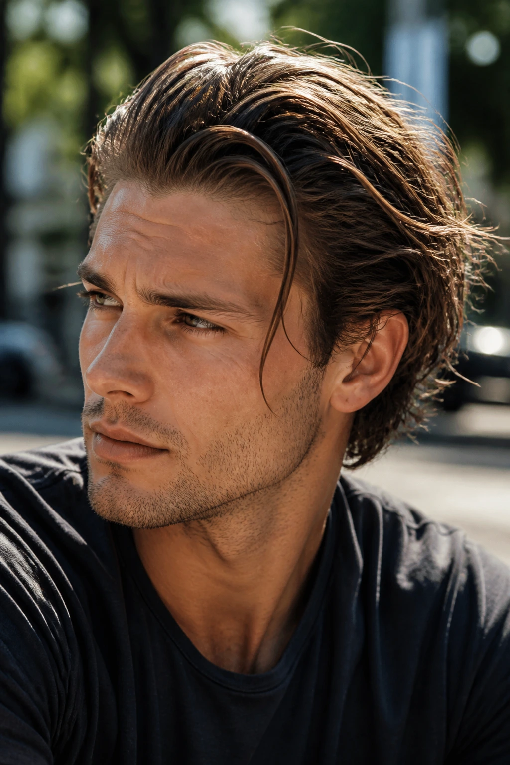 Close-up of a man with messy slick back hairstyle in an outdoor setting