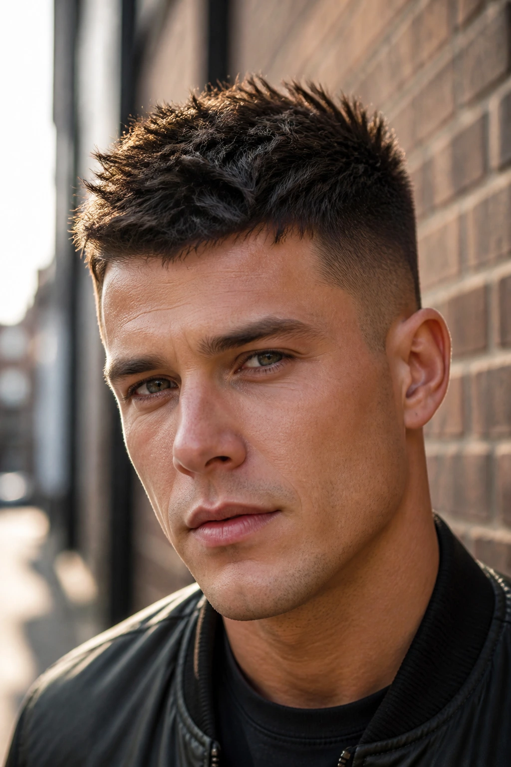 Close-up of a real man with a messy crew-cut spike against brick street backdrop