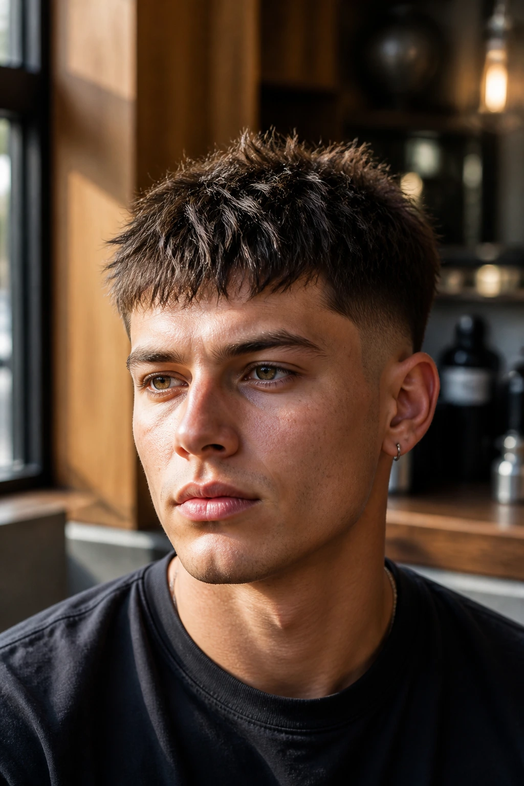 Close-up of a real man with a messy spiky Caesar haircut.