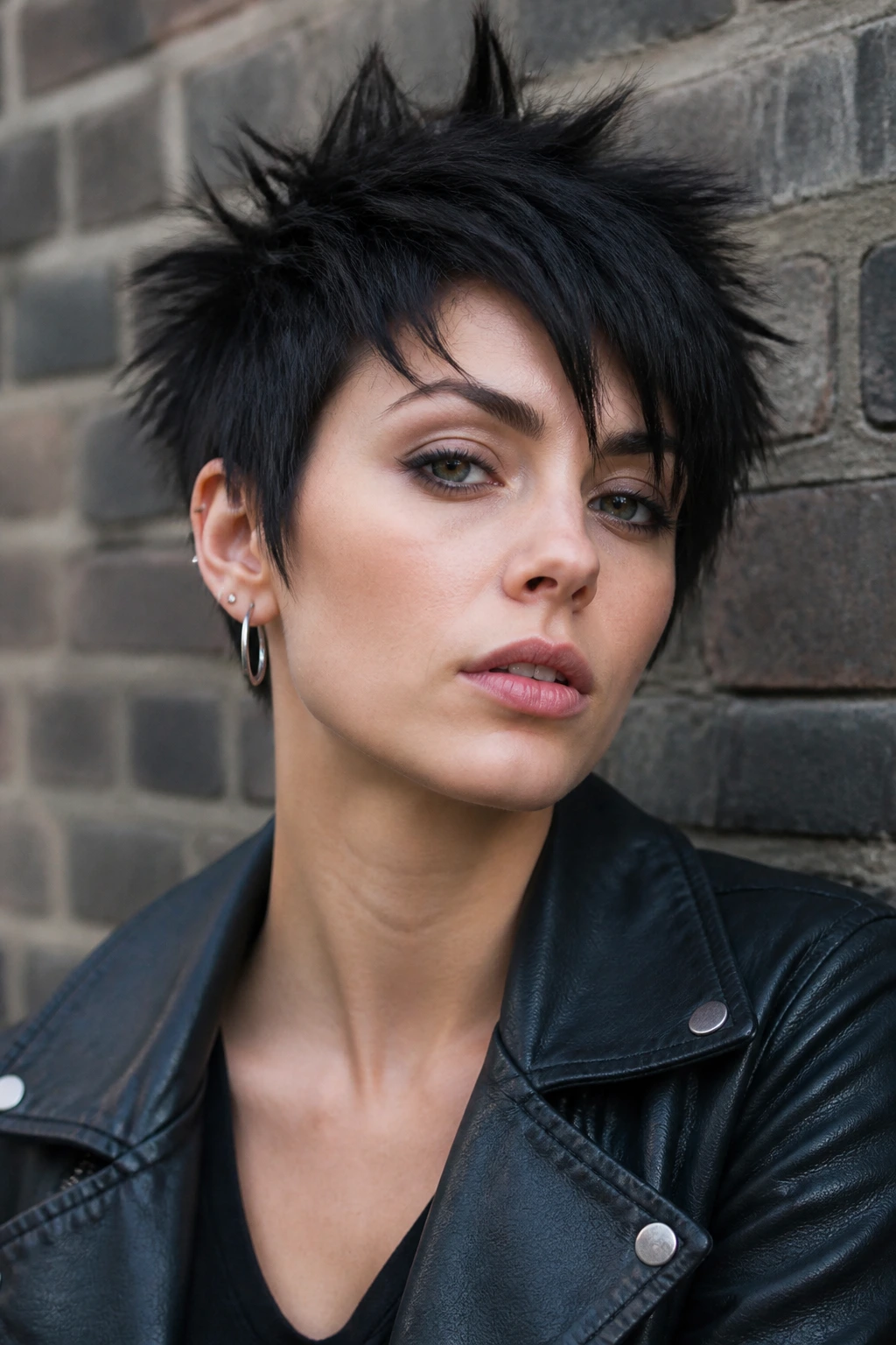 Close-up portrait of a real person with messy spiky pixie haircut against brick wall