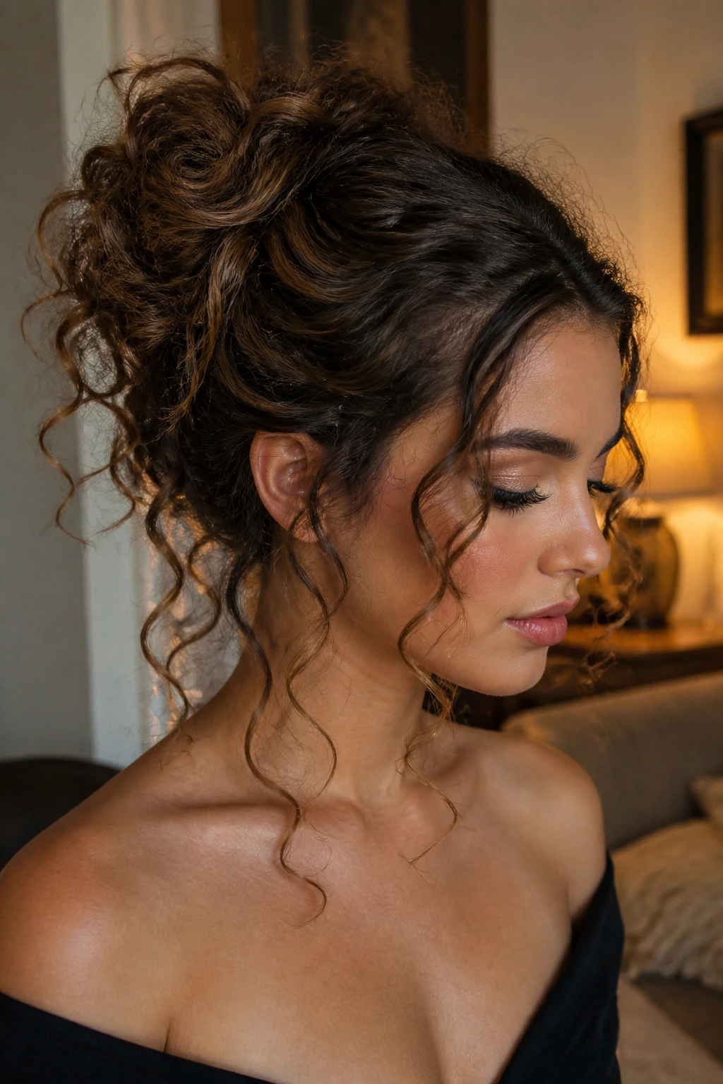 Close-up of a real woman with a messy textured bun and spiral pieces framing the face