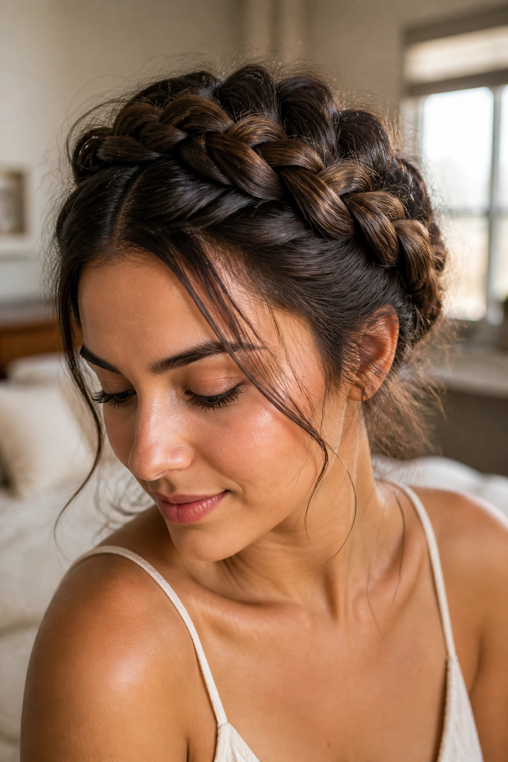 Real woman with a messy textured crown braid around the head