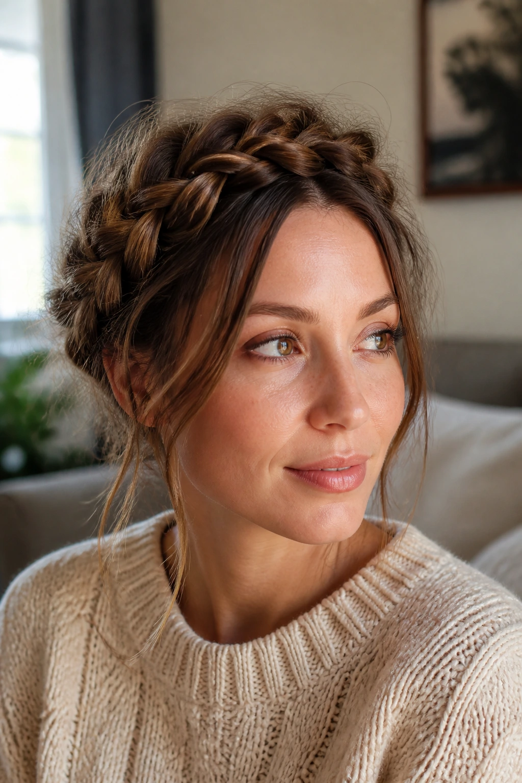 Close-up of a real woman's messy textured halo braid in a cozy living room