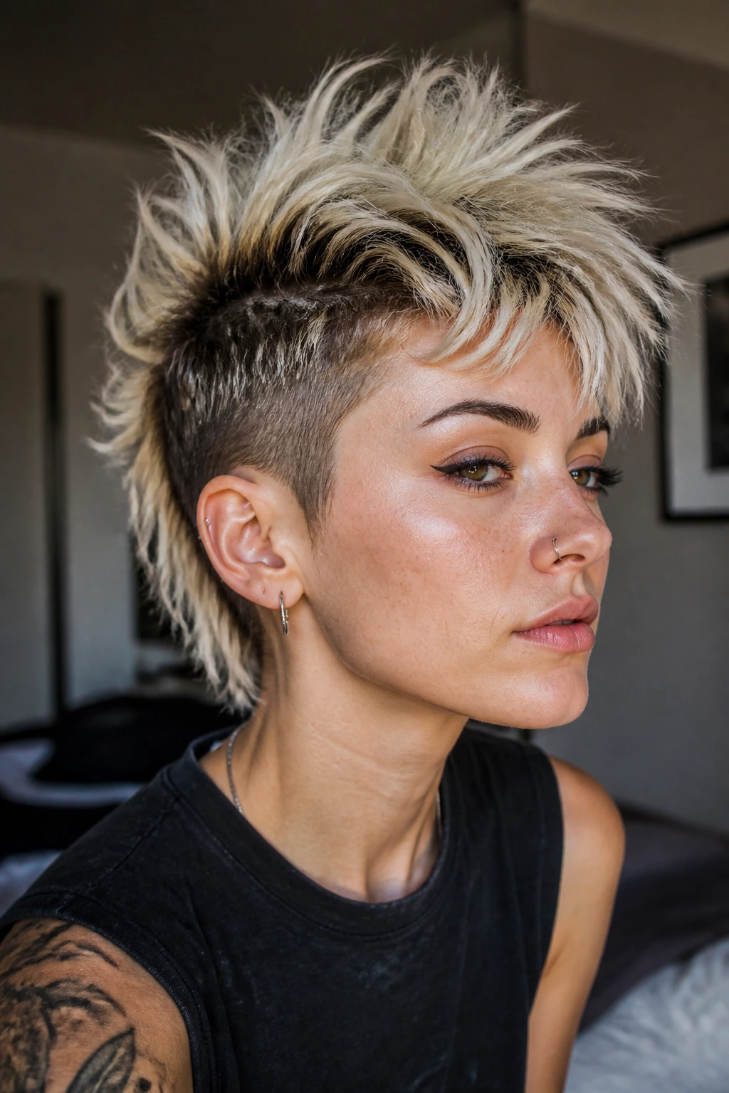 Close-up of a real person with a messy textured mohawk