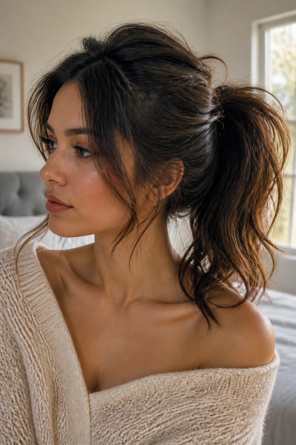 Close-up portrait of a real woman with a messy textured ponytail and lifted crown