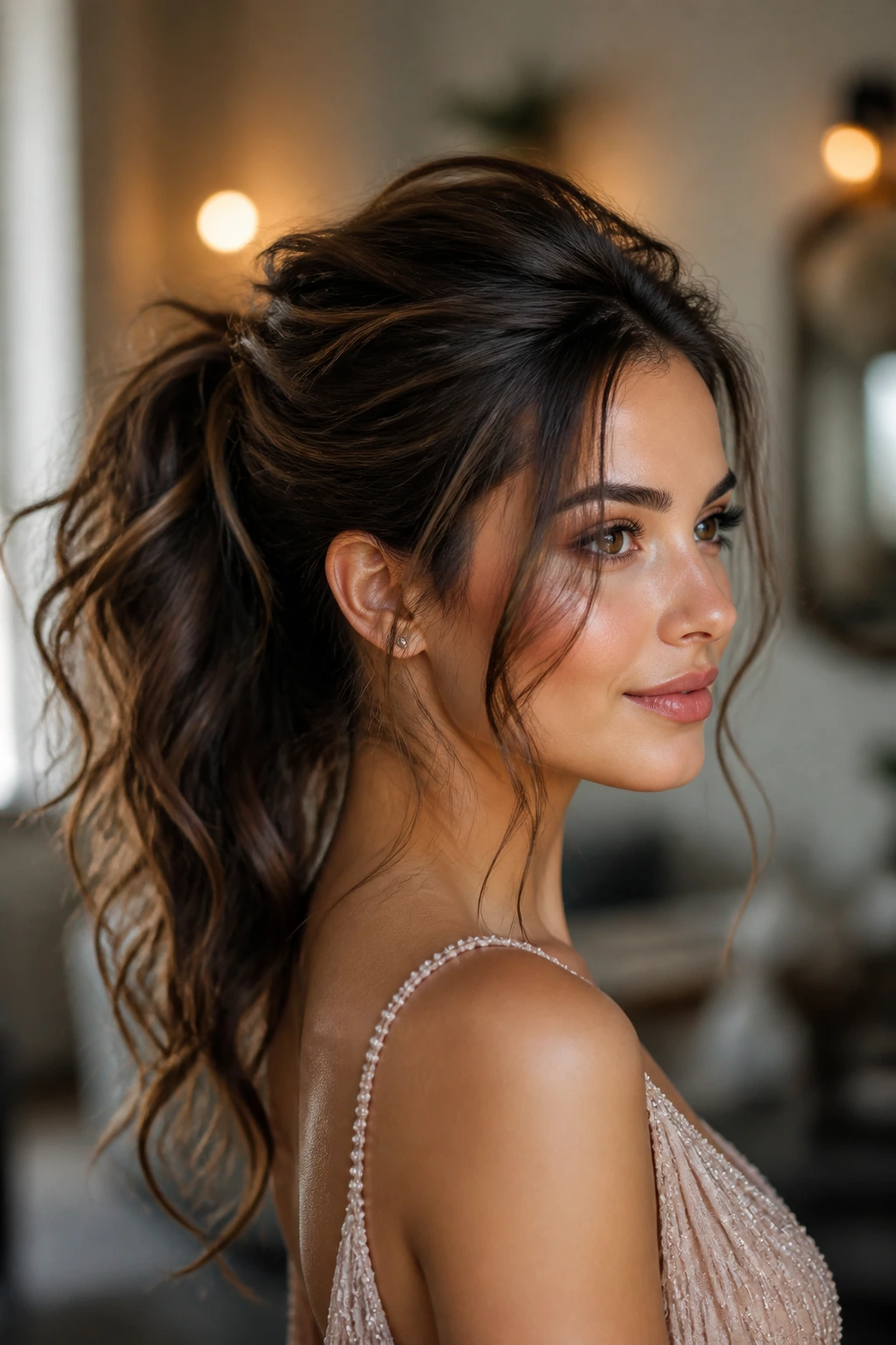 Close-up portrait of a real woman with messy textured ponytail and soft crown lift