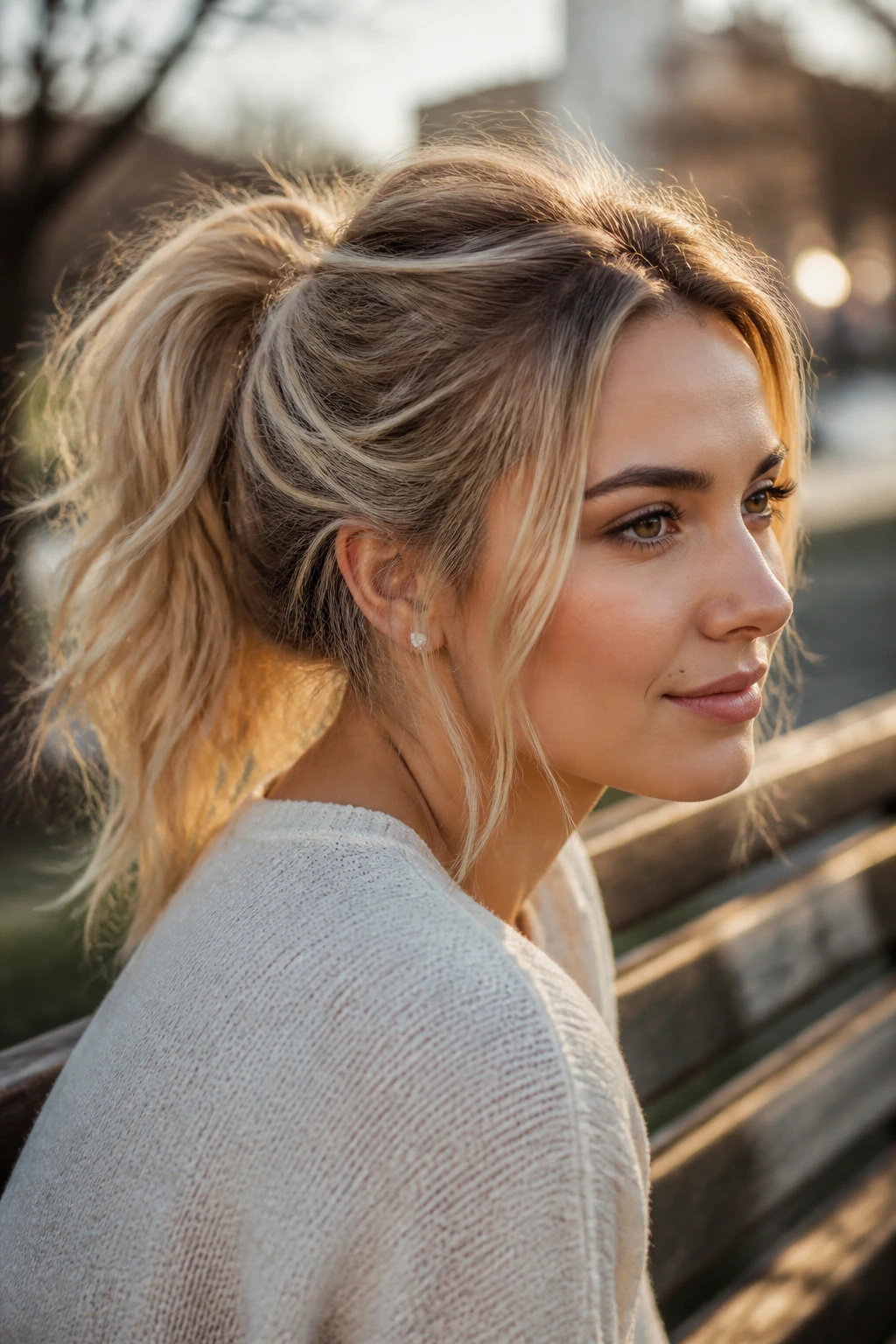 Real woman with a textured, messy ponytail in outdoor setting.