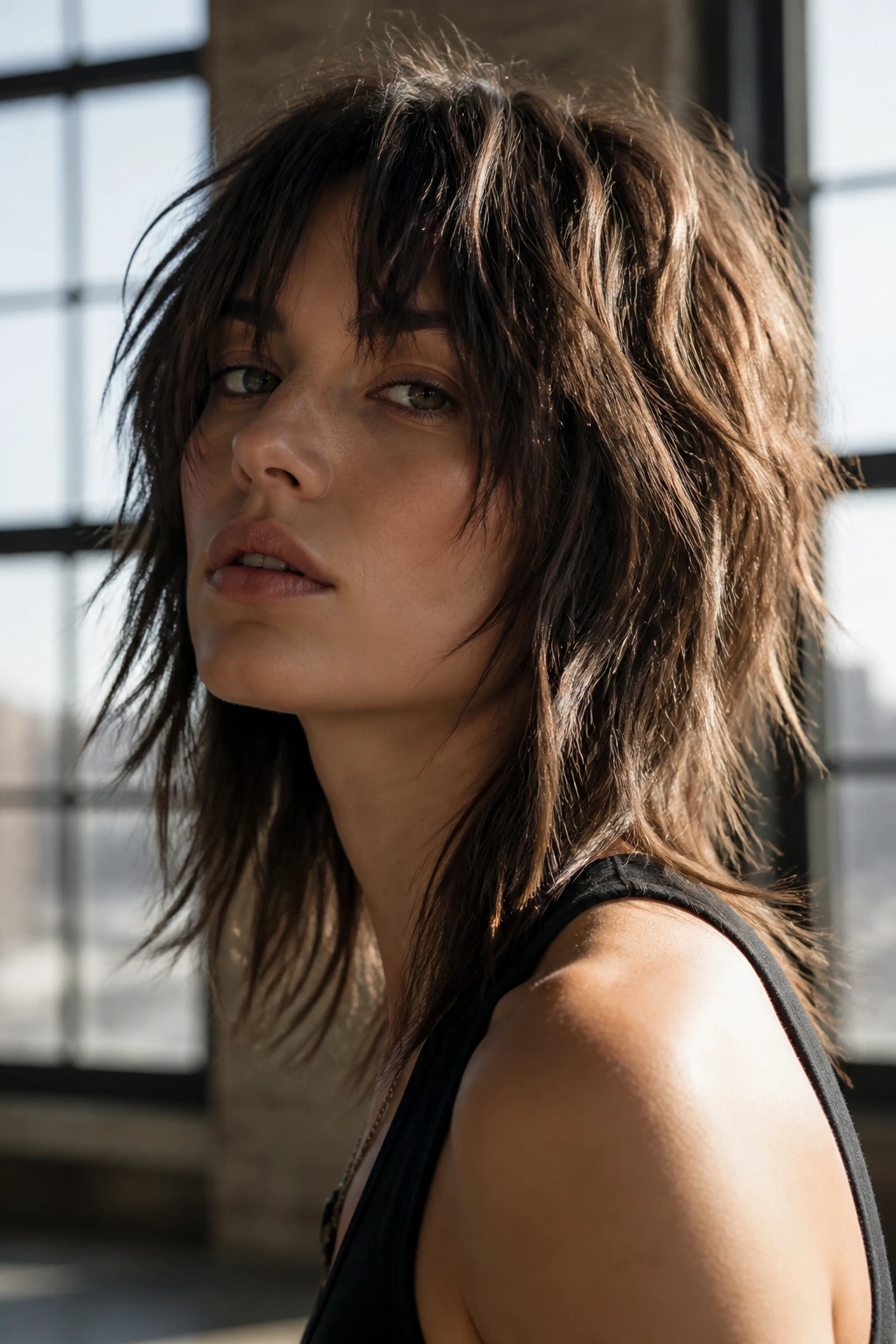 Close-up of a real person with messy textured shag and choppy layers