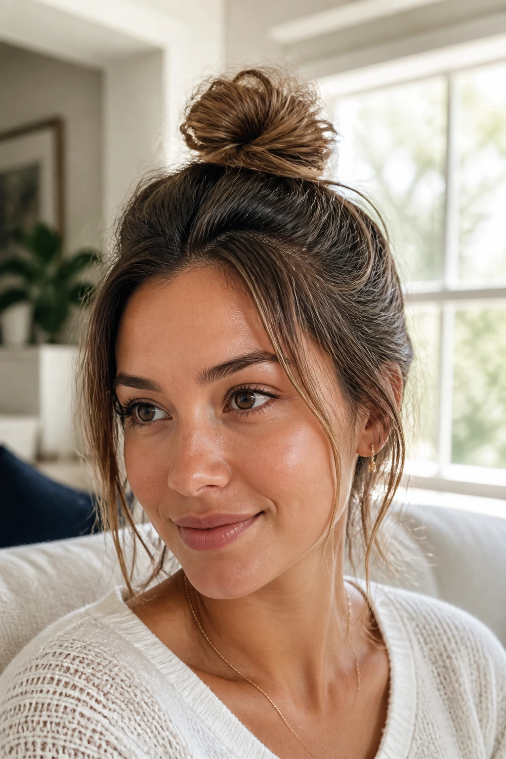 Close-up portrait of a real woman with a messy textured top knot
