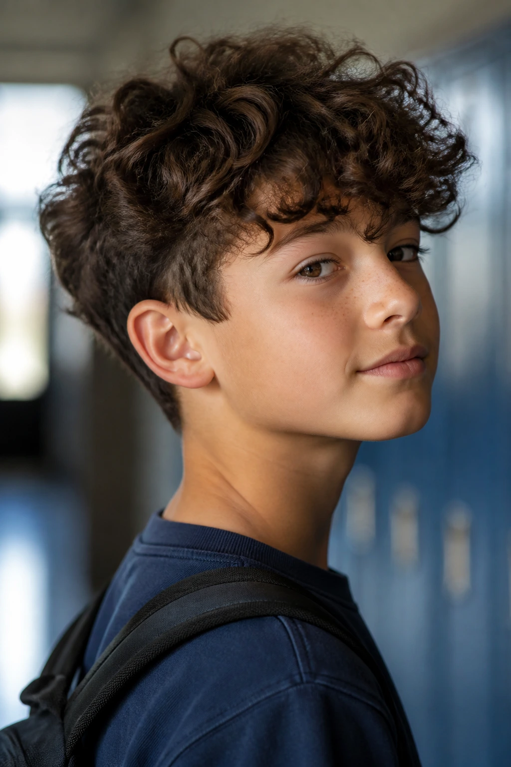 Close-up of a real schoolboy with a messy top and clean neckline in a school setting.
