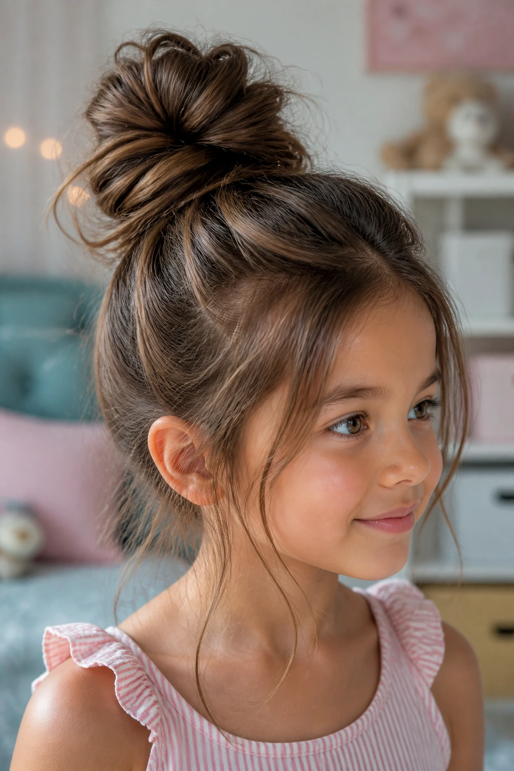 Close-up of a girl with a messy top knot and face-framing pieces