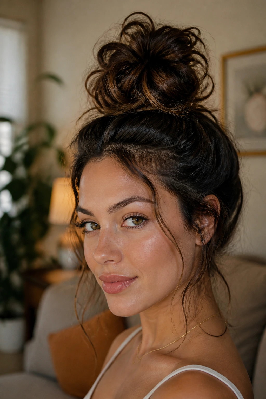 Close-up of a real woman with a messy, textured top knot hairstyle