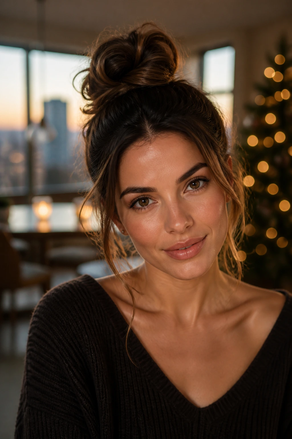 Close-up portrait of a real woman with a polished messy top knot in a festive space