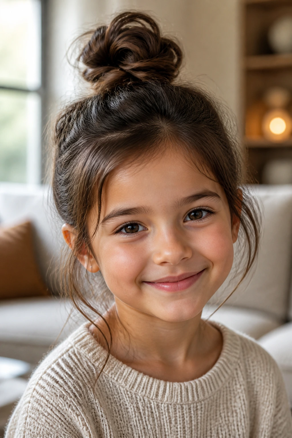 Brunette girl with messy top knot and loose strands