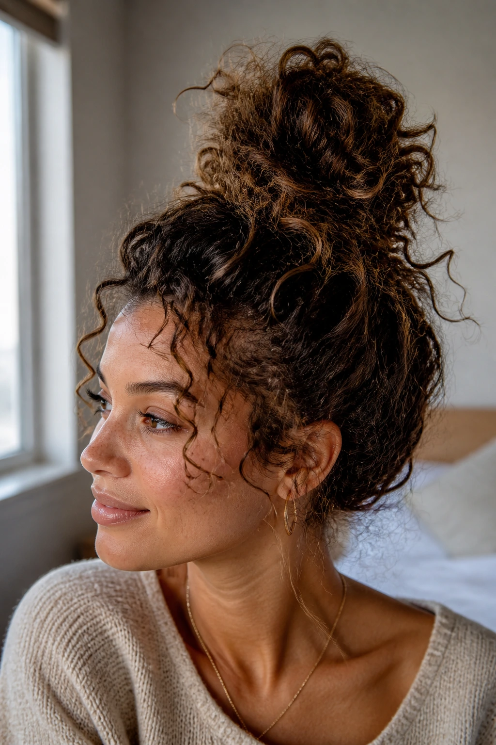 Close-up of a real person with a high messy top knot on thick curly hair in soft bedroom light
