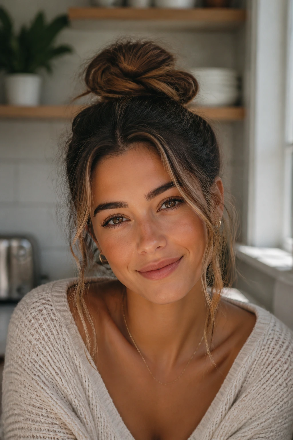 Real woman with a messy top knot and face-framing pieces in warm kitchen light.