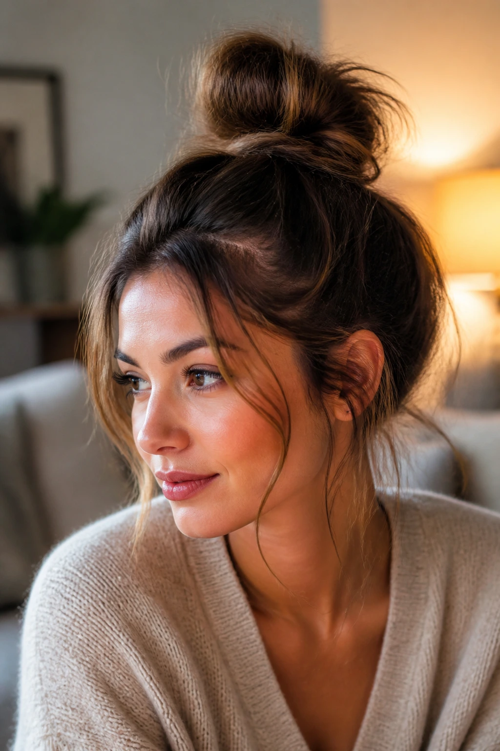 Close-up portrait of a woman with a messy top knot and face-framing pieces.