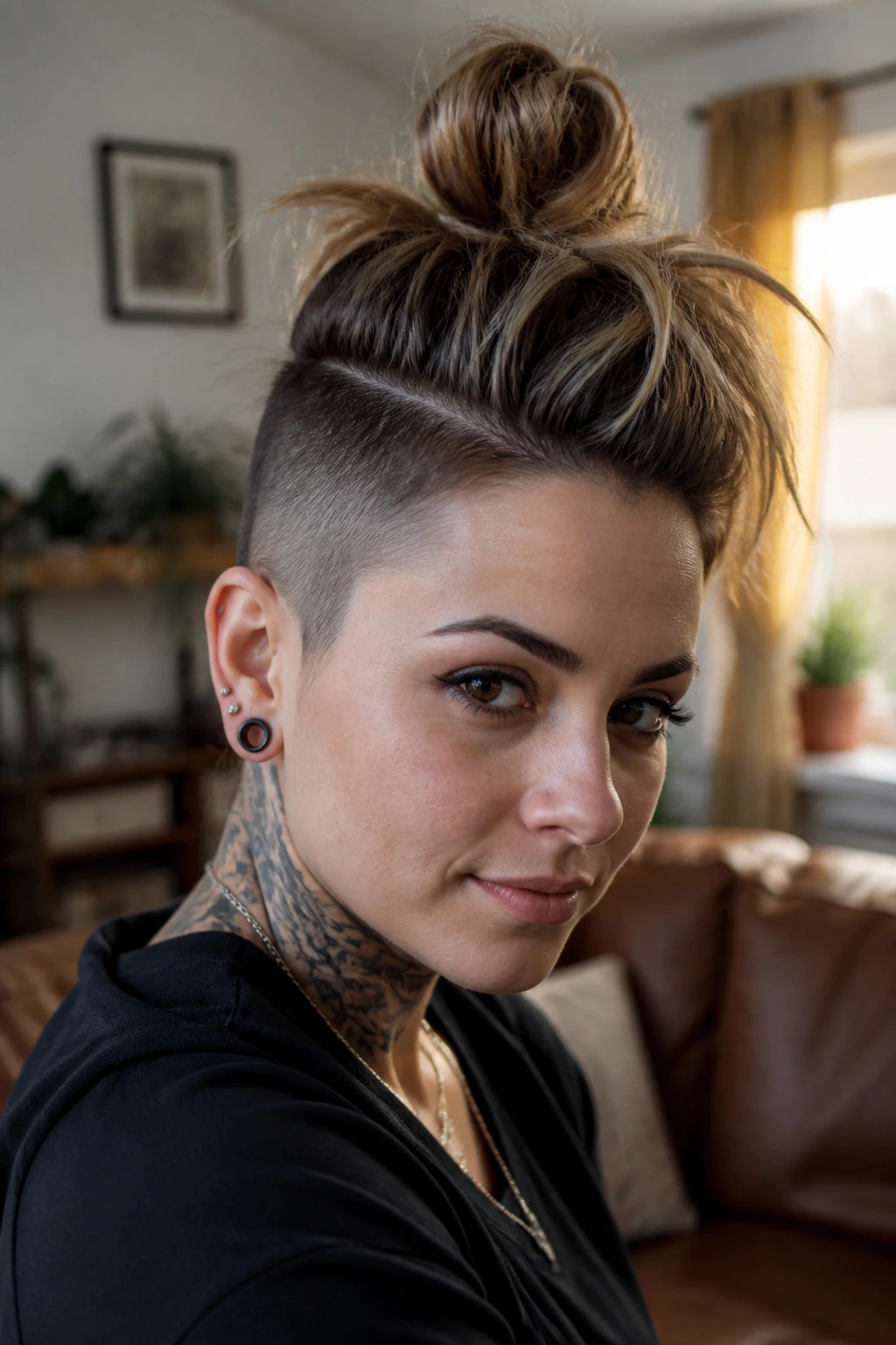 Close-up portrait of a real woman with a messy top knot faux hawk in a cozy living room