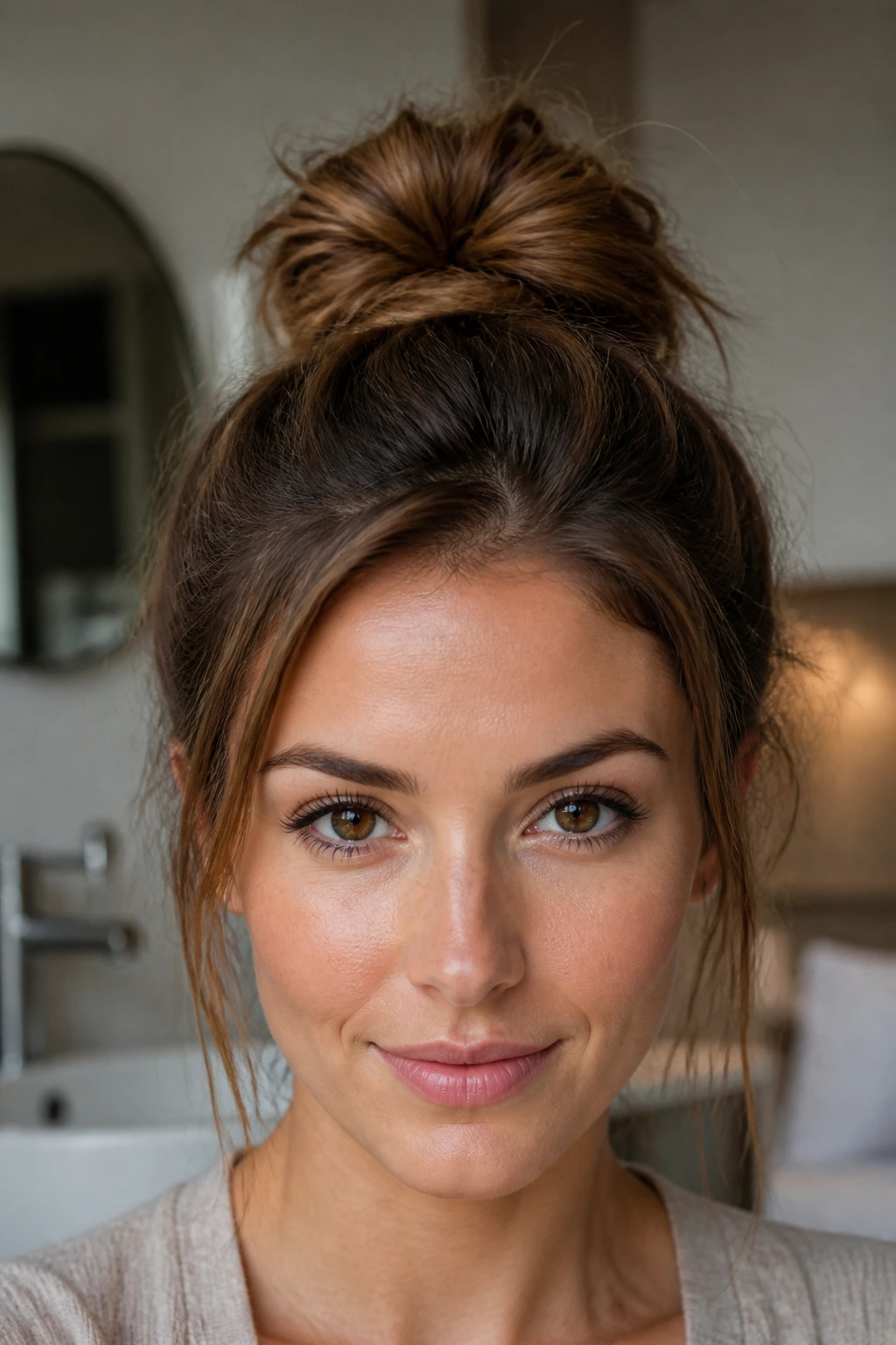Close-up of a messy top knot with hidden pins on a real person
