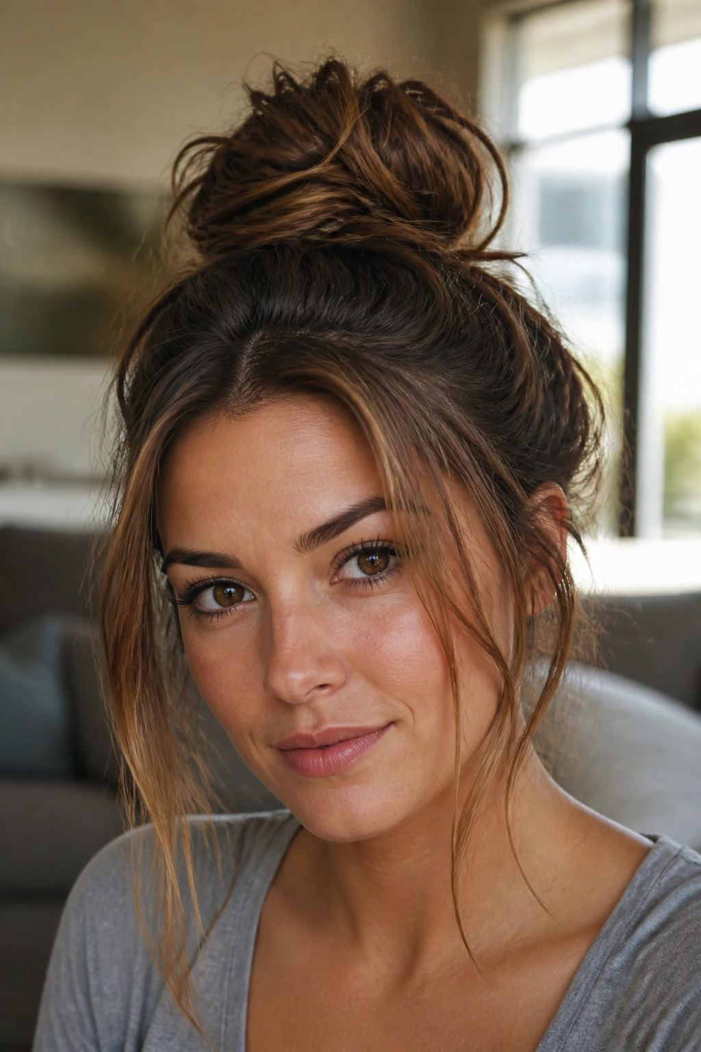 Real woman with a messy top knot and loose face pieces framing the face.