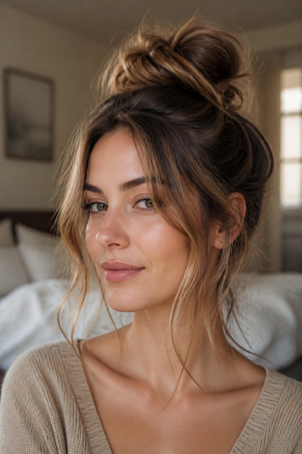 Real woman with loose messy top knot and face-framing pieces in natural light