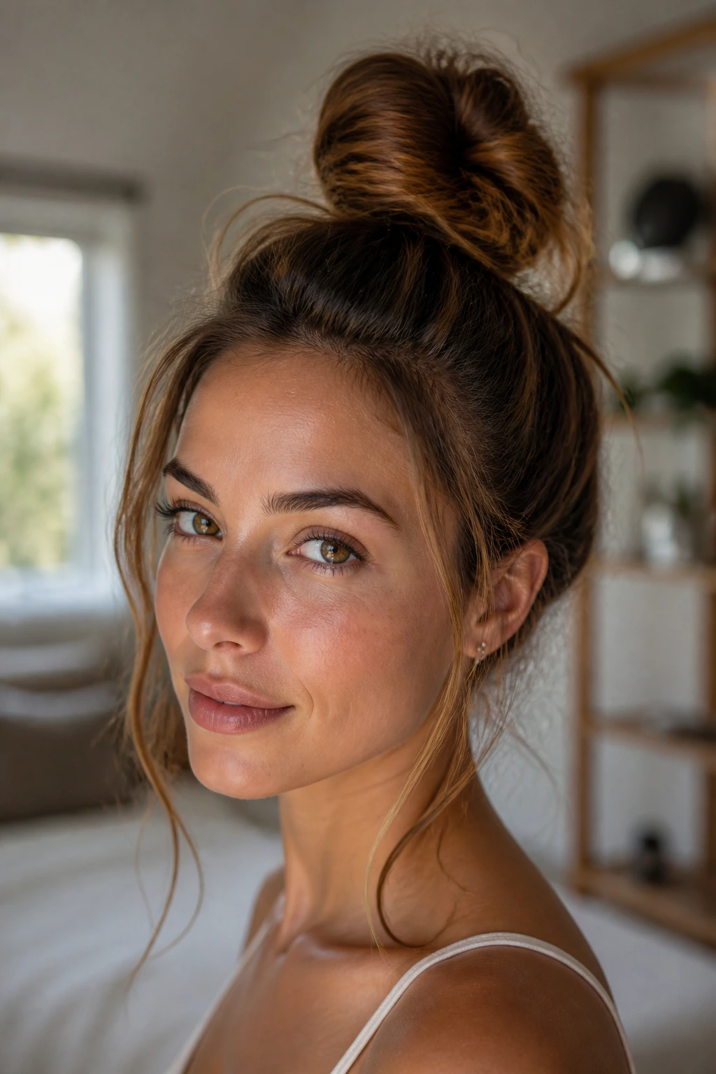 Real woman with a messy top knot in soft natural light
