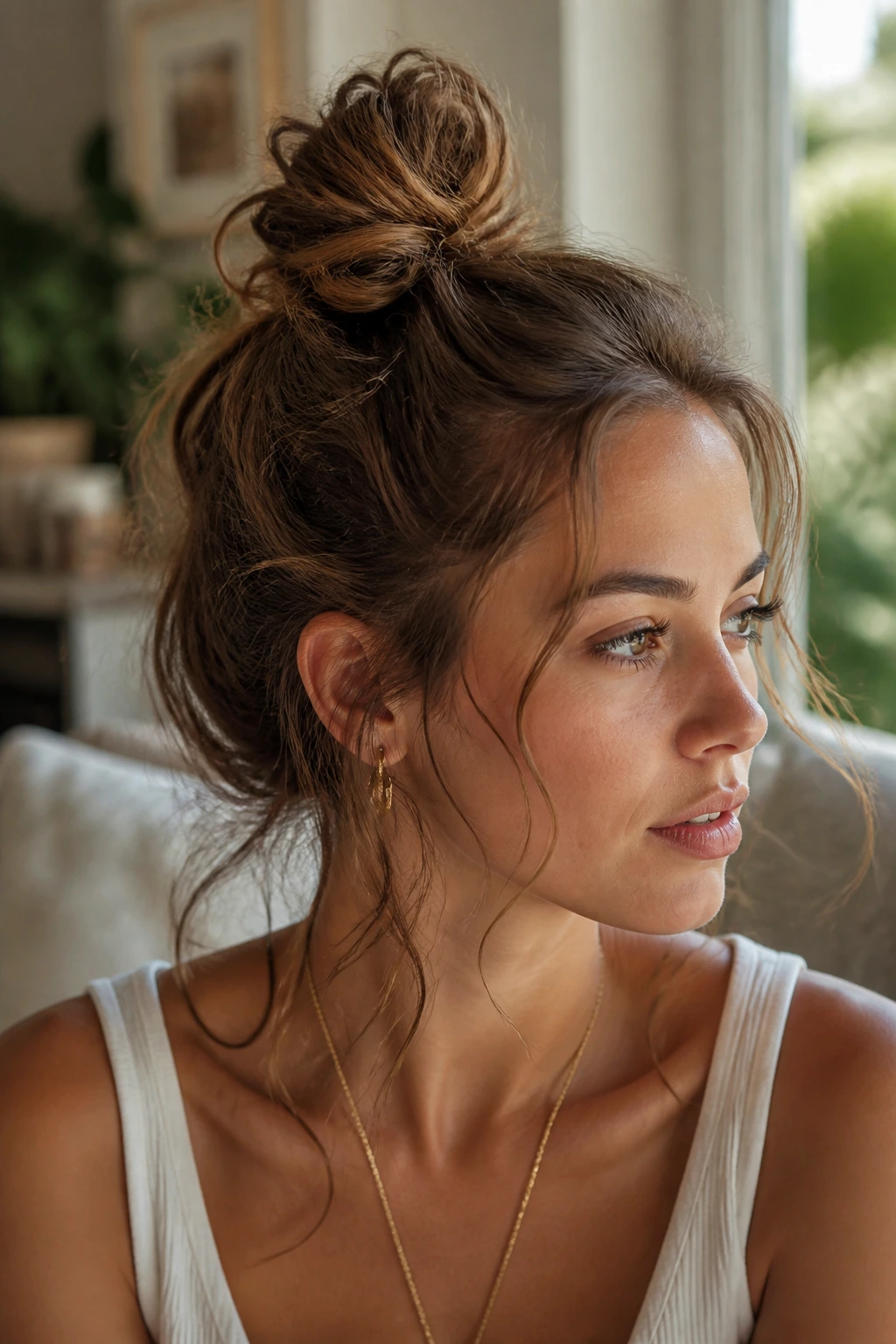 Real woman with a messy top knot and stray waves around the face in soft natural light