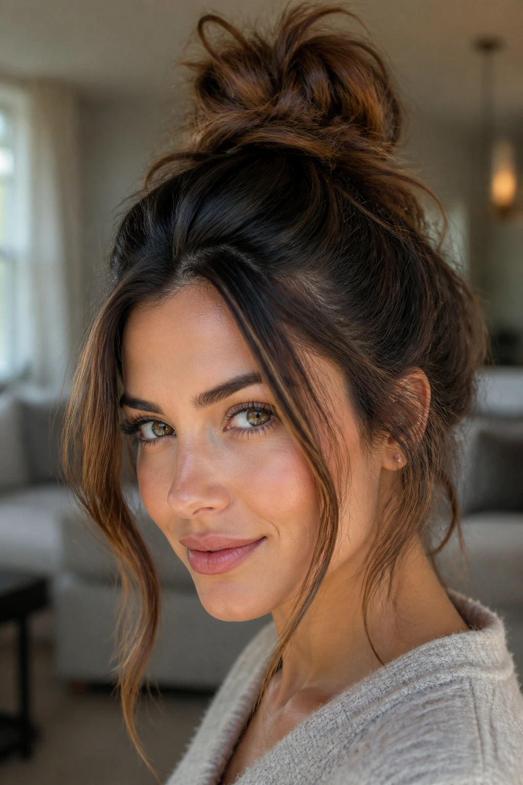Close-up portrait of a real person with a messy top knot and face-framing pieces