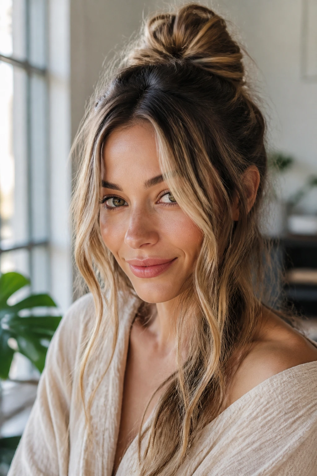 Close-up of a woman with a loose top knot and long face-framing pieces
