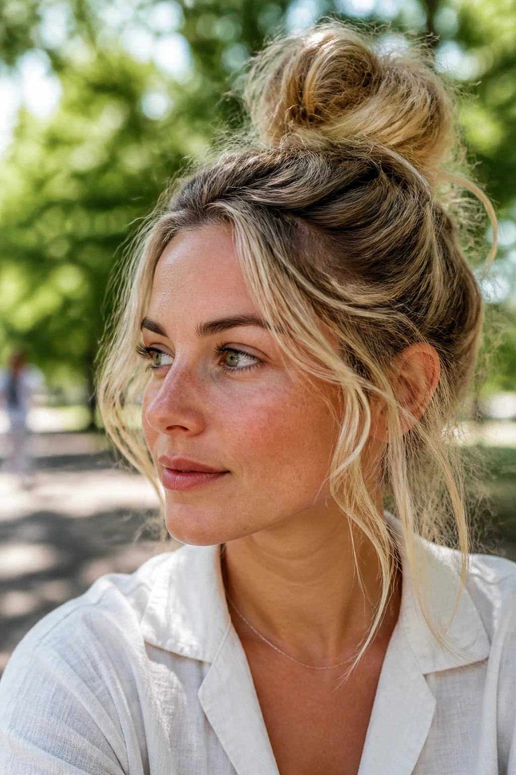 Close-up portrait of a real woman with a messy top knot and surrounding waves.