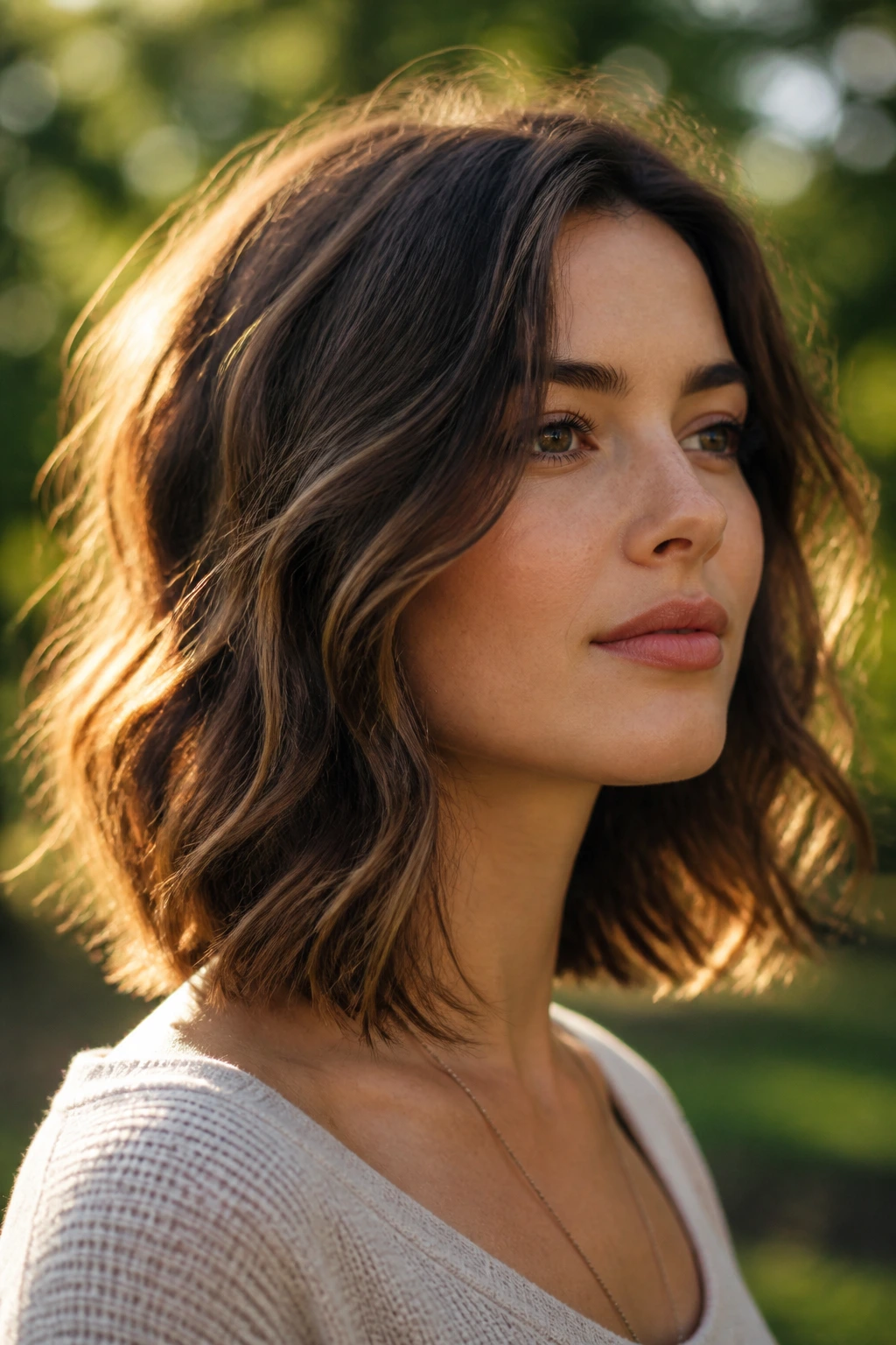 Real person with messy waves and tapered ends in golden hour light