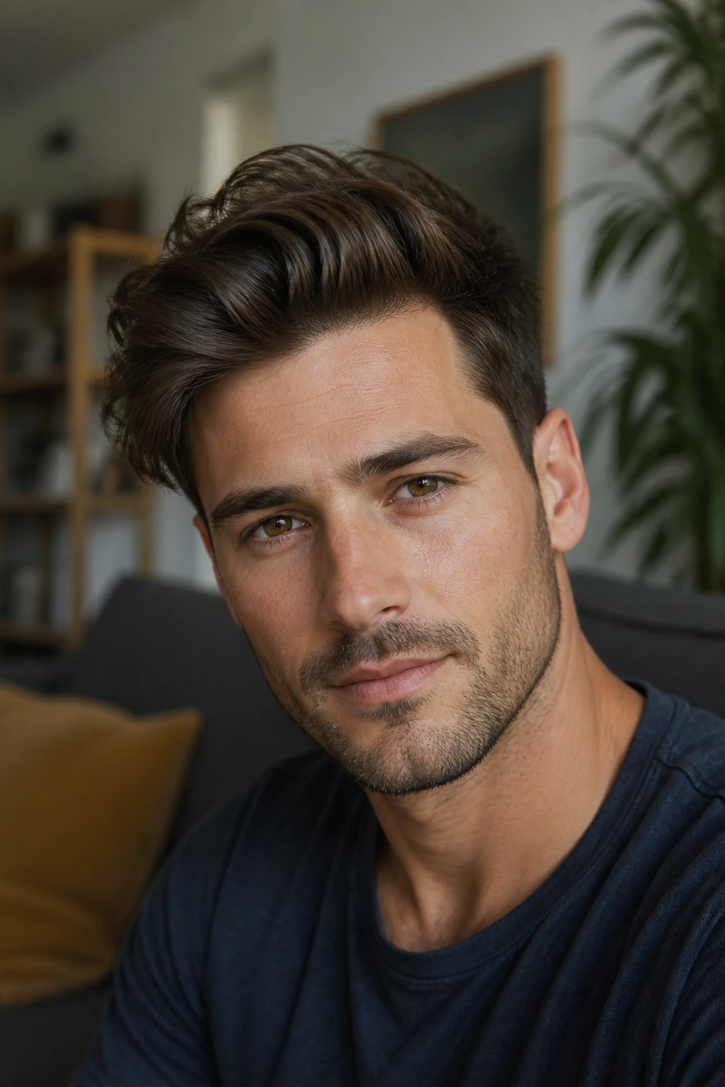 Real man shows messy weekend comb over with finger-styled top in a cozy room