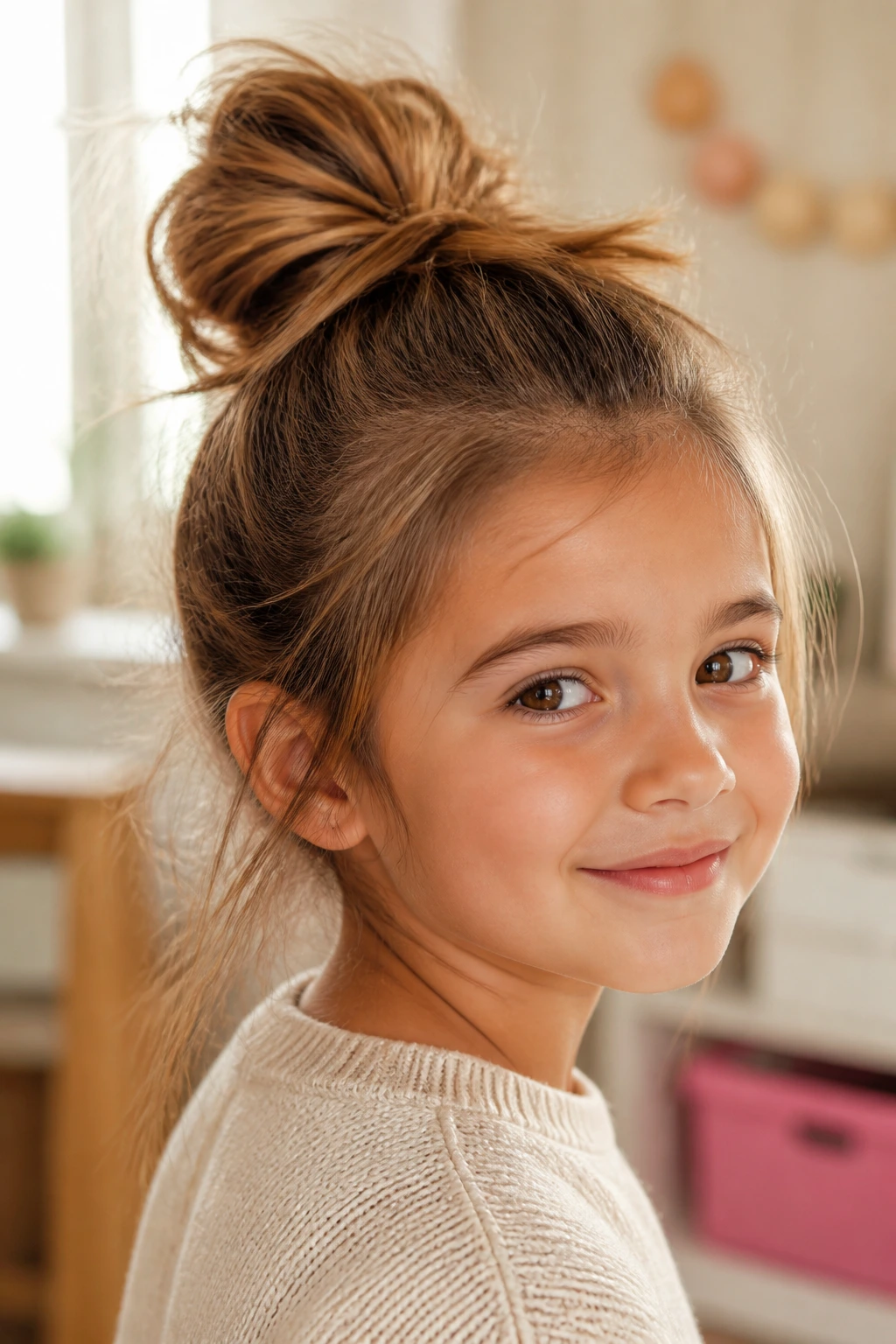 Close-up of a child with a messy bun and loose ends