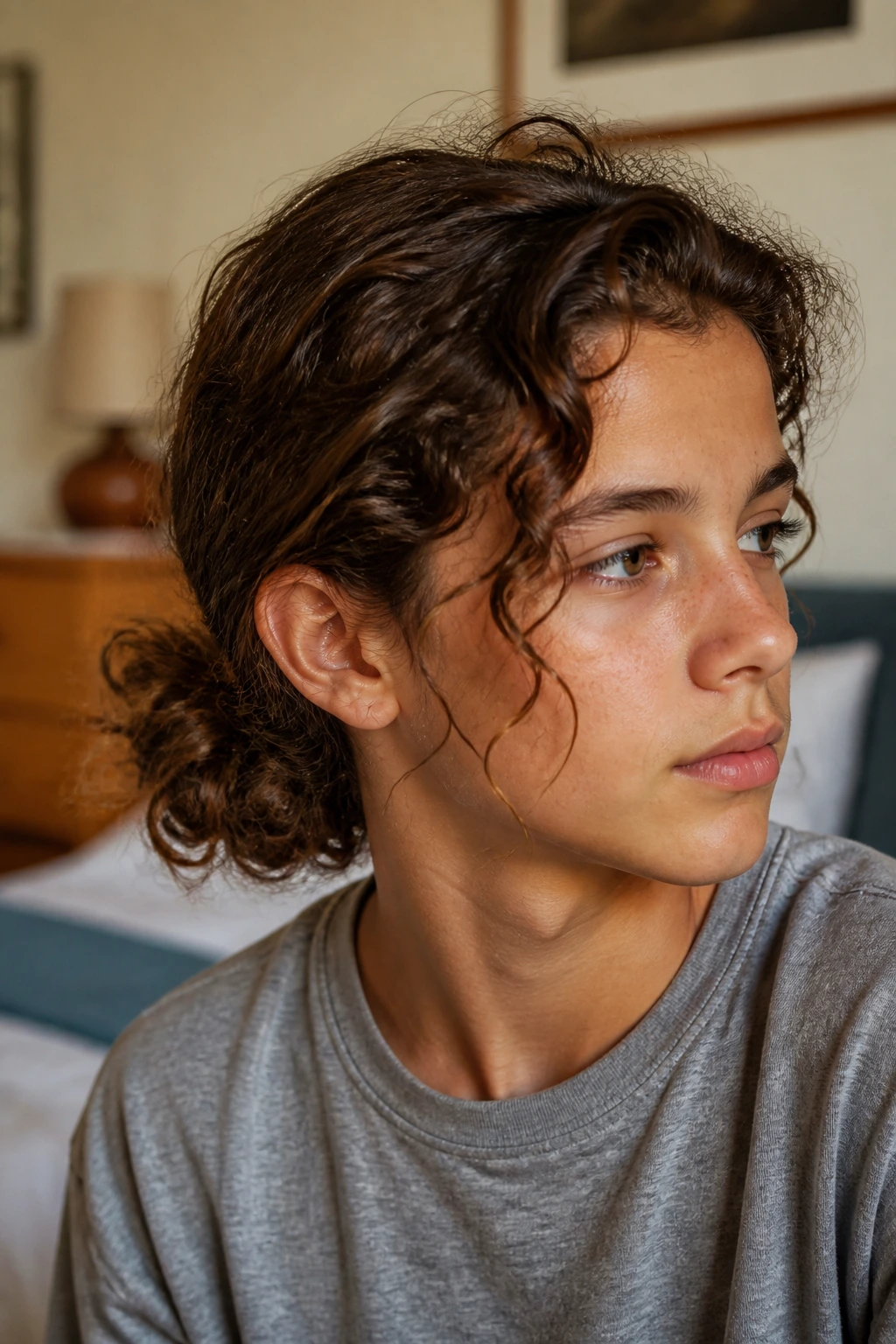 Close-up of a boy with a messy low bun and loose tendrils at the temples