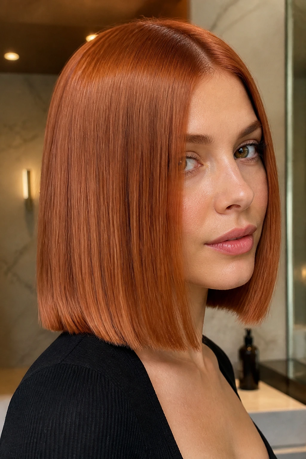 Real woman with ultra-gloss metallic copper hair in a blunt medium-length cut.