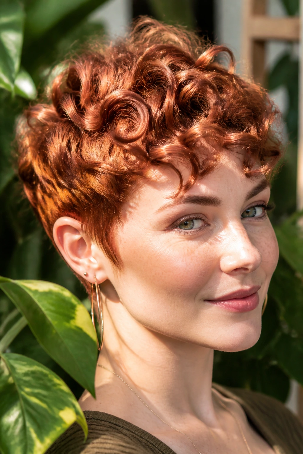 Real person with metallic copper curly pixie under natural light