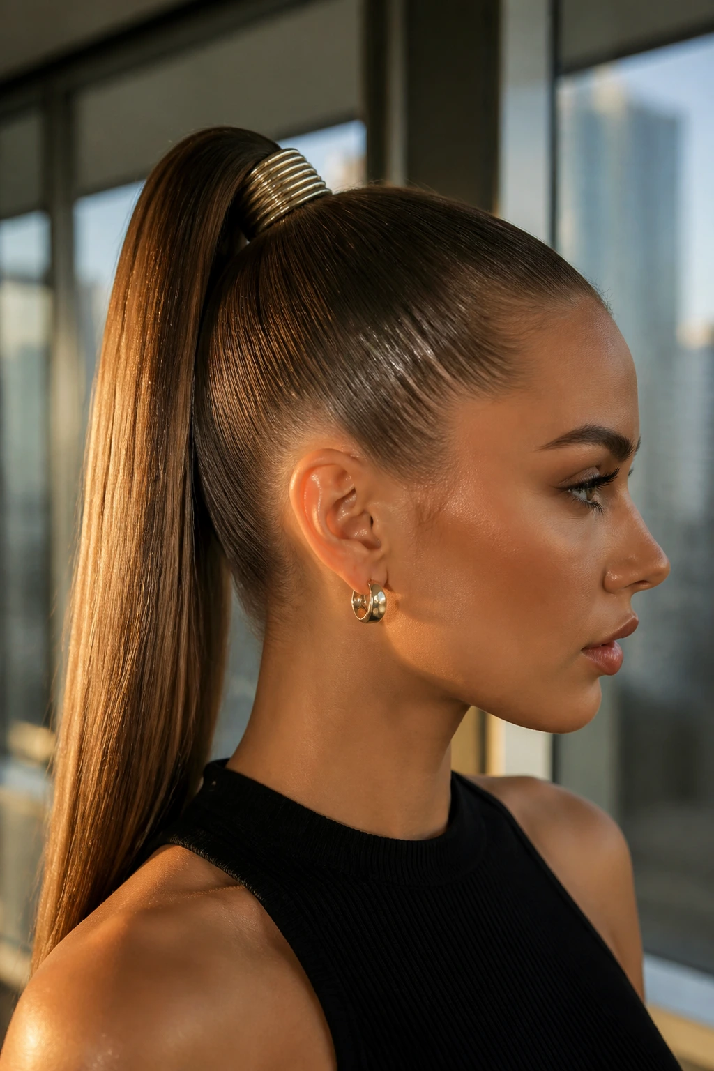 Close-up of a real woman with a metallic cord wrapped high ponytail in urban light