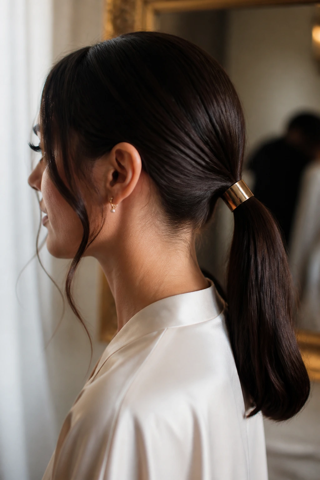 Real woman with low ponytail featuring a slim metallic cuff at the base