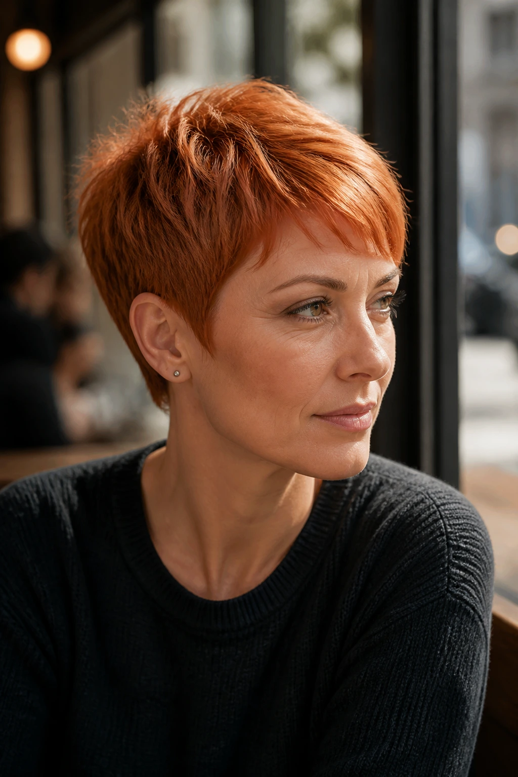 Close-up of a real woman with metallic ginger gloss on a textured pixie.