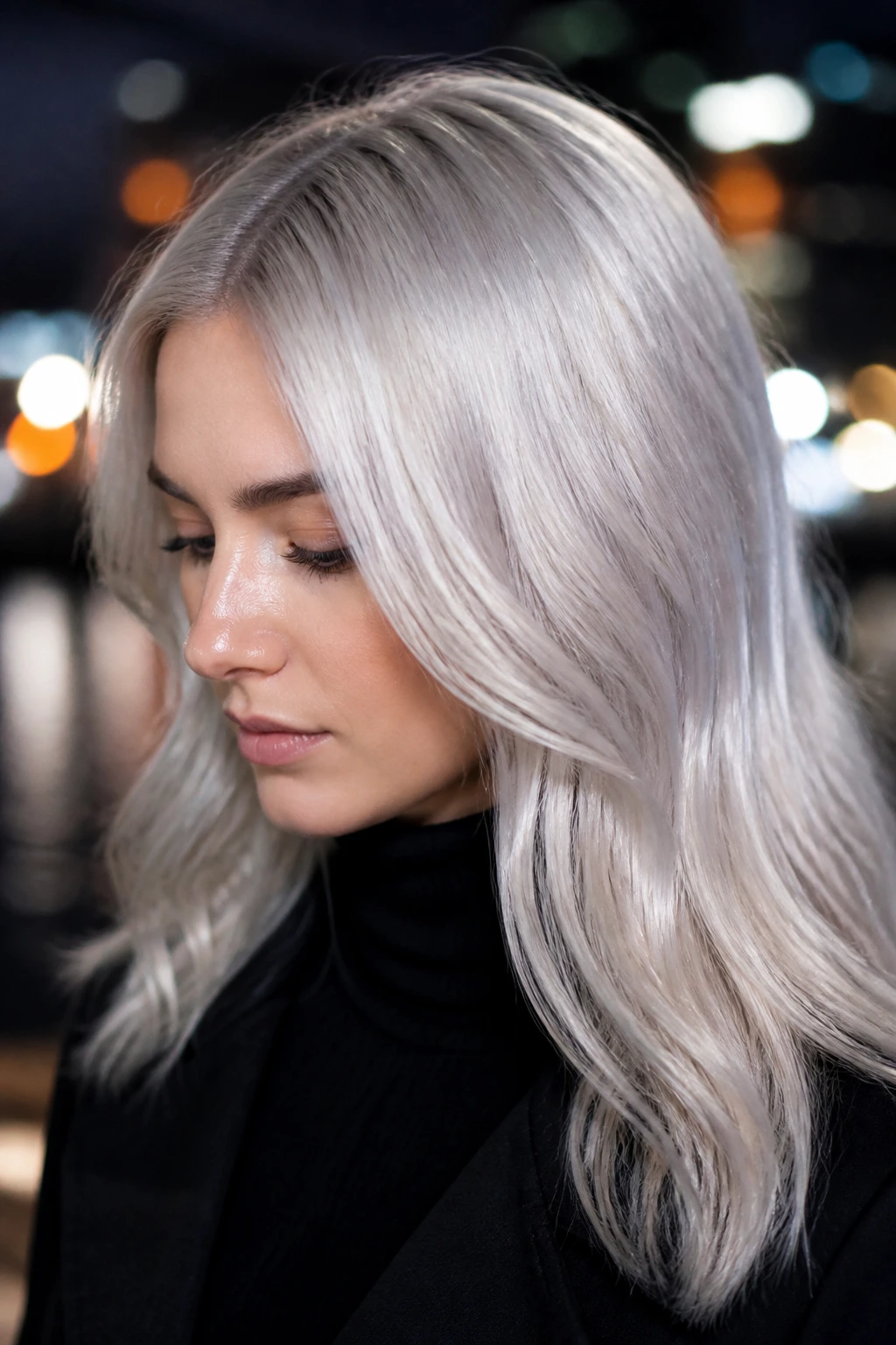 Real person with metallic moonlight platinum hair in an urban night scene